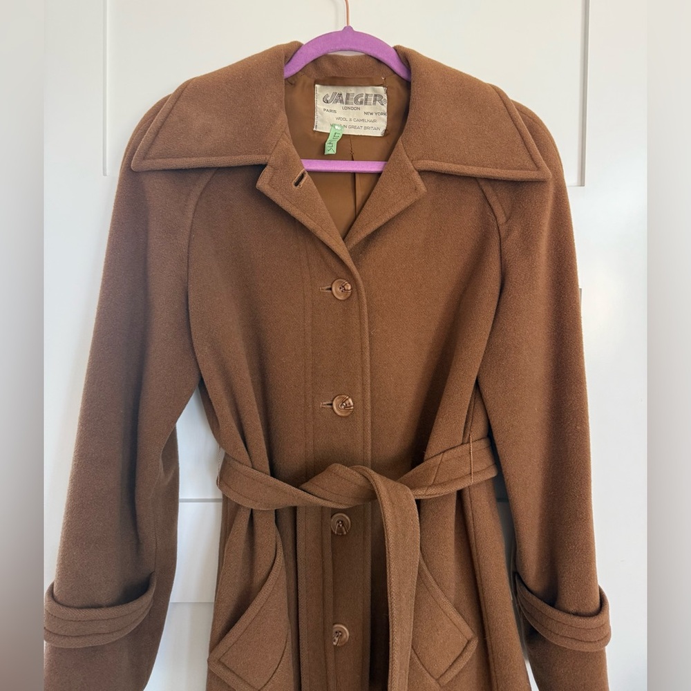 Vintage 60s Jaeger Camelhair Wool Princess Swing Coat Belted Brown Made England - Picture 3 of 8